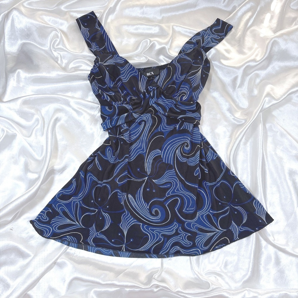 y2k Tank Top Blue Excellent BCX Psychedelic Swirl Empire Waist Sleeveless M